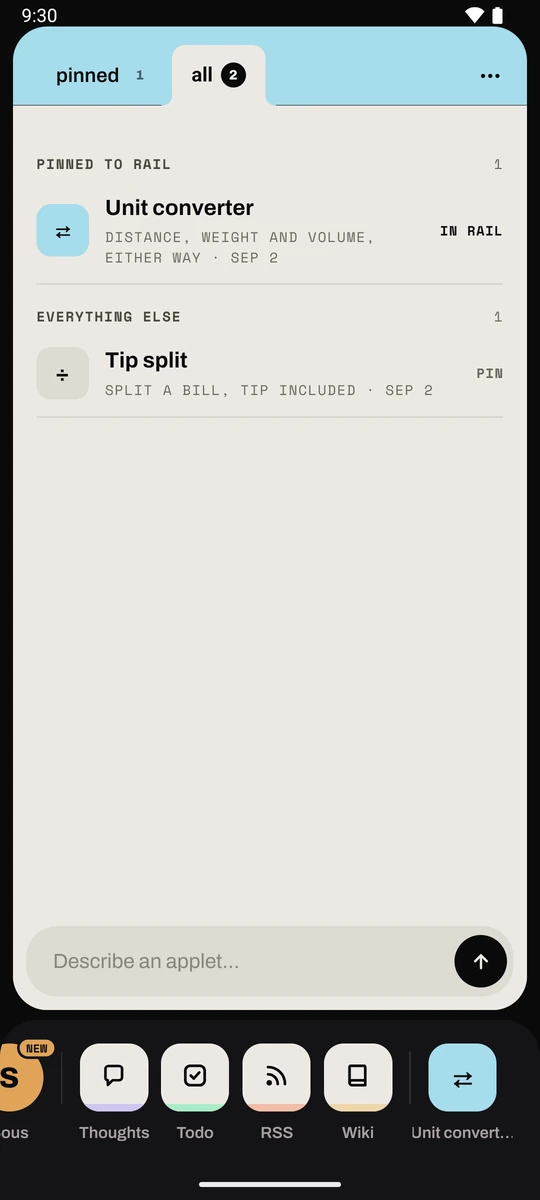 The Applets card on the phone: the pinned and all tabs over the shelf of applets