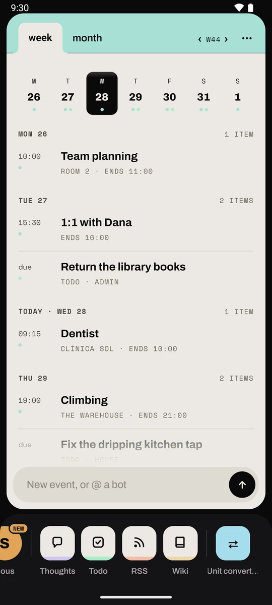 The Calendar card on the phone: the week strip with its source dots, then the selected day's agenda