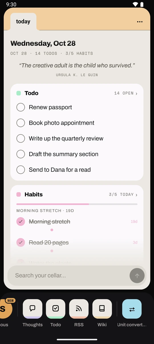 The Dashboard card on the phone: the day's todos and habits in one scroll, with cross-module search at the bottom