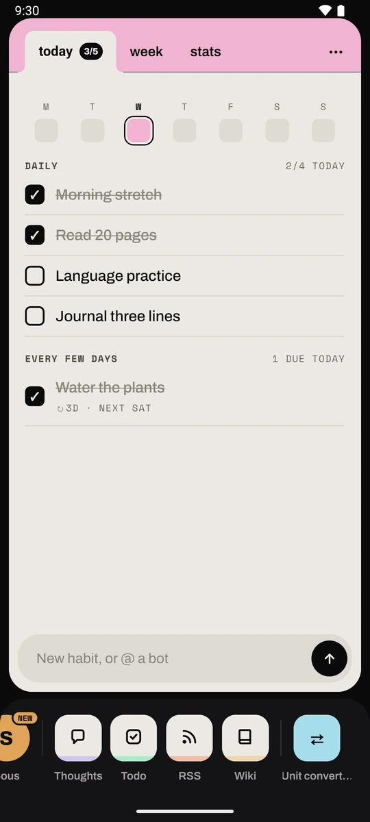 The Habits card on the phone: the week strip and today's habits
