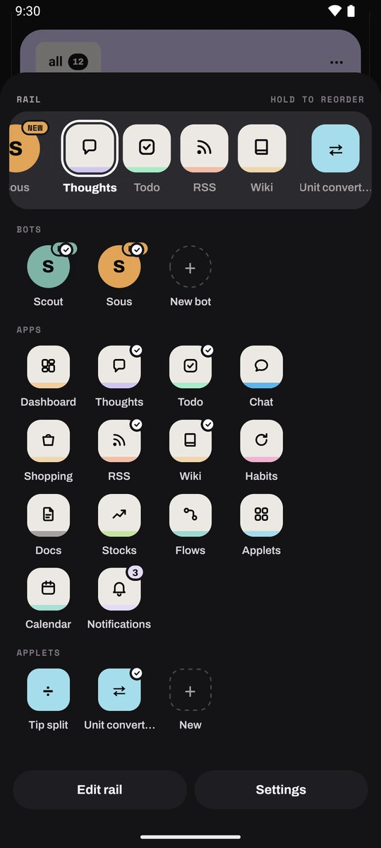 The raised rail on the phone: the rail on its own band, then every bot, app and applet, with Edit rail and Settings