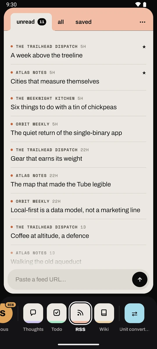 The RSS card on the phone: unread items with their feed and age