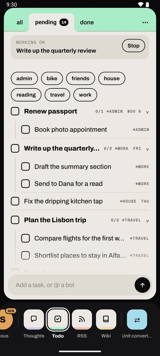 The Todo card on the phone: the working-on banner, tag filters and subtasks