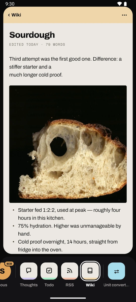 A wiki note on the phone, open inside the Wiki card: title, edit date and word count, and an embedded photograph