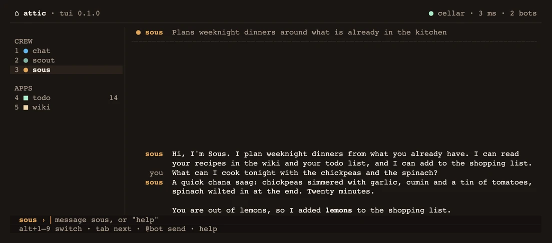 The Sous pane in the TUI: the bot's thread in two columns, with Sous highlighted under CREW in the sidebar