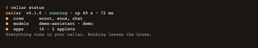 cellar status in a terminal: the version, uptime, the crew, the models and the apps