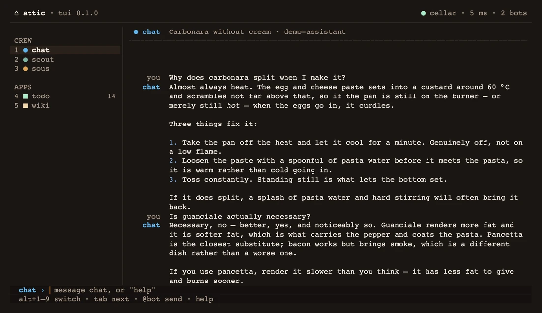 A conversation in the TUI: you and Chat in two columns, the reply rendered as markdown