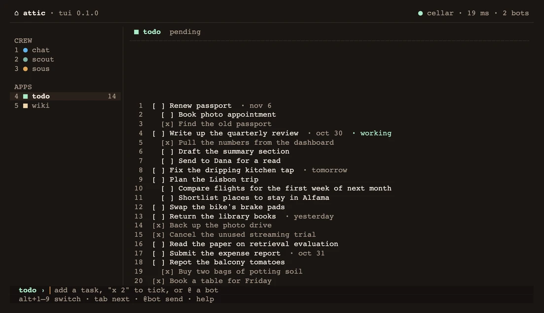 The Todo pane in the TUI: numbered tasks beside the sidebar's crew and apps
