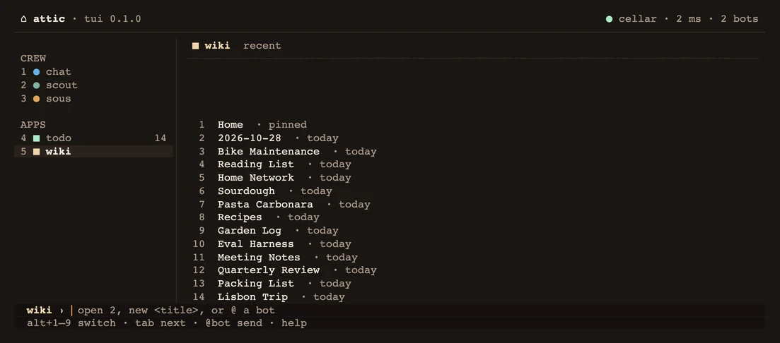 The Wiki pane in the TUI: pages numbered, pinned first and then the most recently edited