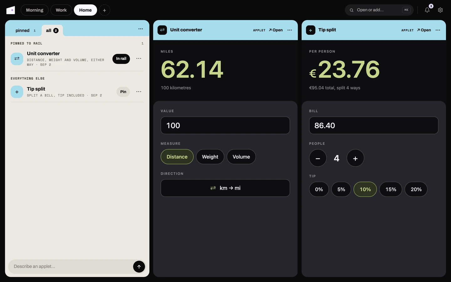 The Applets card, pinned first, beside the Unit converter and Tip split applets, each in a card of its own