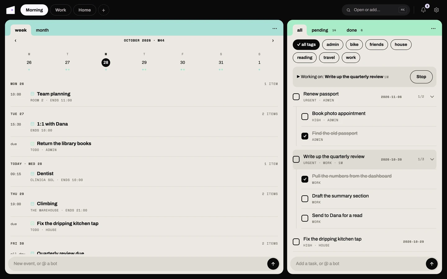 The Calendar card's week view: the week strip, then each day's events with a todo due date among them