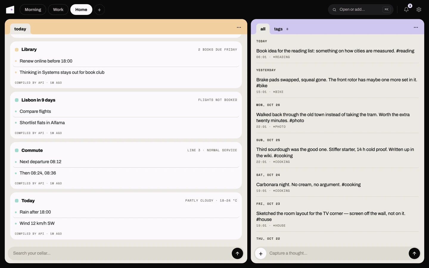 Four cards on the web Dashboard, each with its title, subtitle, accent dot and glance lines