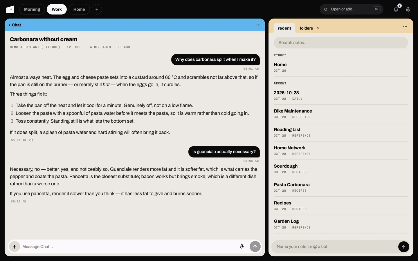 A conversation open in the Chat card, its model and tool count under the title, beside a Wiki card