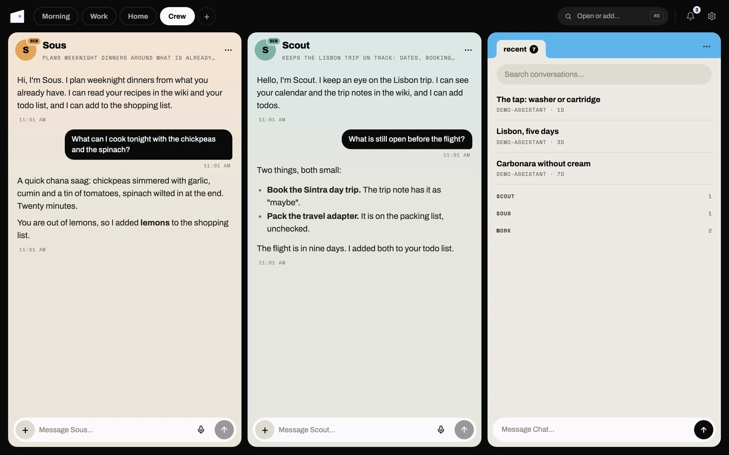 A Crew space in the web app: the Sous and Scout bot cards, each its own thread, beside the Chat card listing conversations with the bots' folders