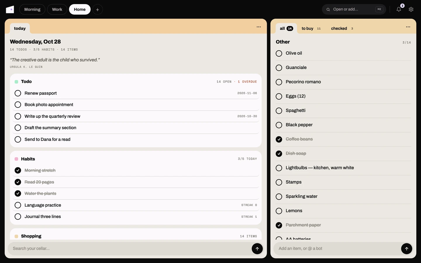 The Dashboard card in the web app: the date, a quote, and the Todo and Habits tiles, beside Shopping