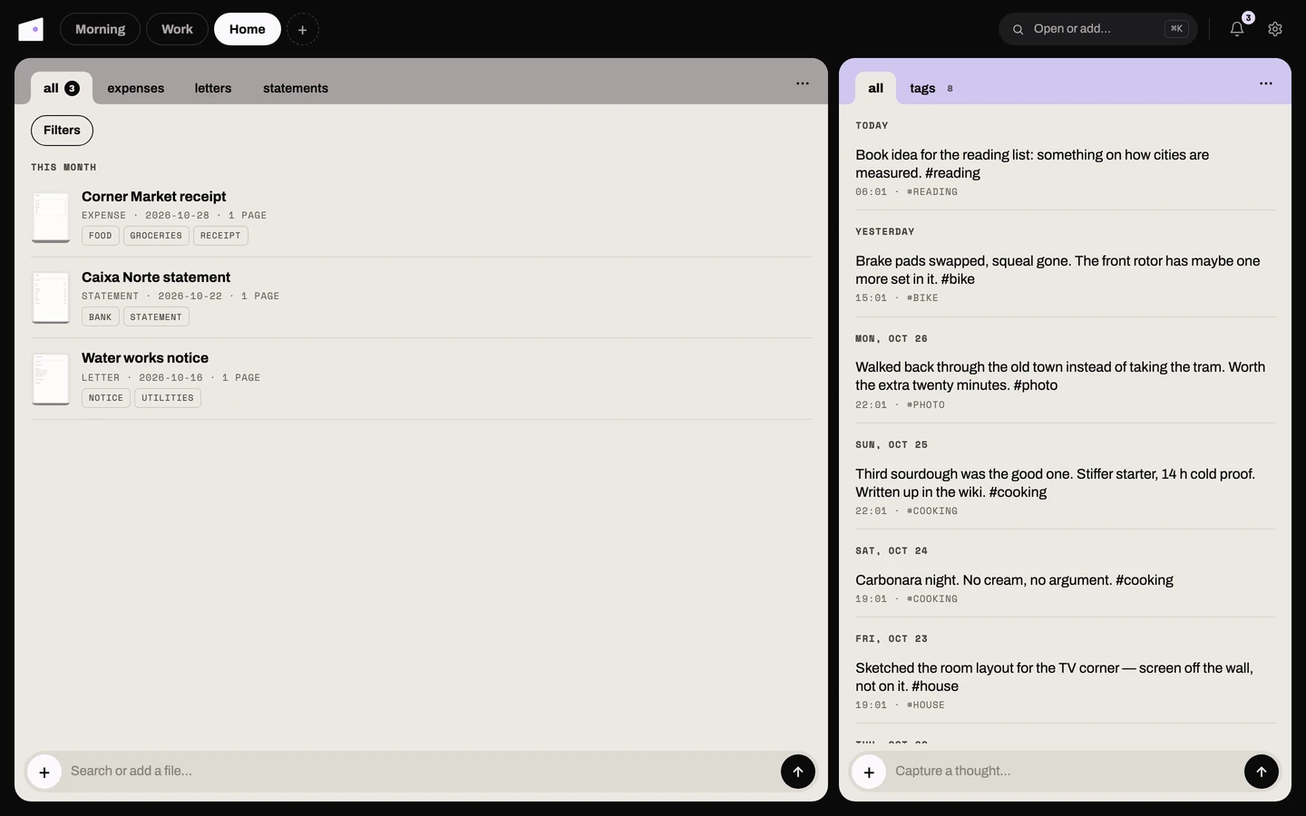 The Documents card: cover thumbnails, types, dates and tags, with a tab per type