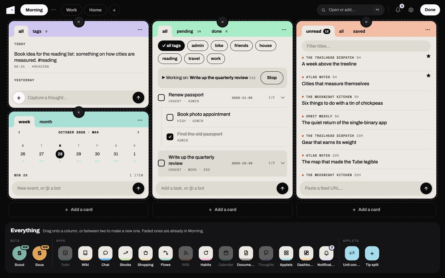 Edit mode: an x on every card, an Add a card slot under each column, and the tray of bots, apps and applets along the bottom