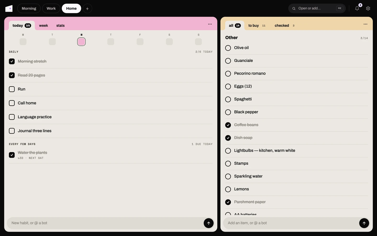 The Habits card's today tab: the week strip, daily habits and a spaced one, beside Shopping