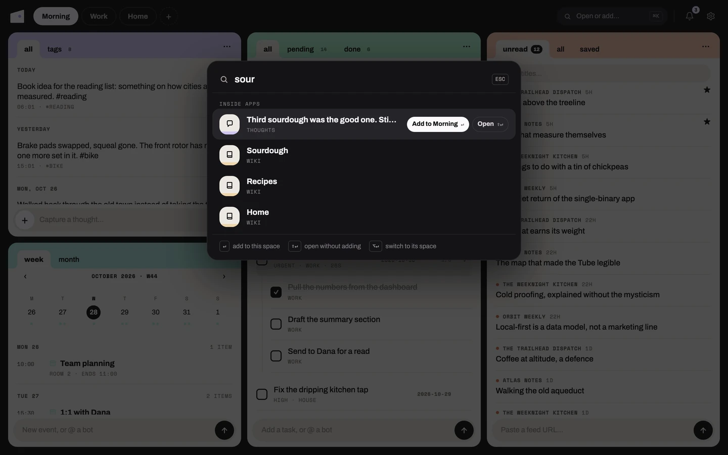 The launcher open over the Morning space, searching "sour": a thought and wiki notes found inside apps, with Add to Morning and Open on the highlighted result
