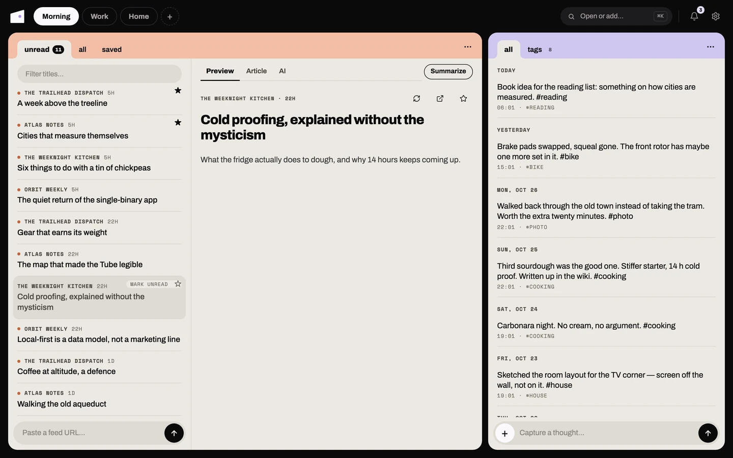 The RSS card: the unread list beside the reader, open on an article's Preview tab, with a Thoughts card alongside