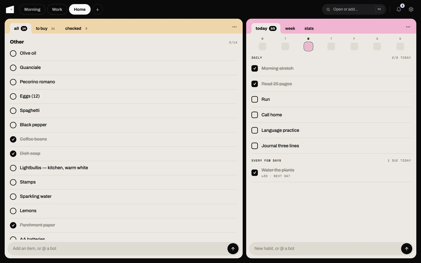 The Shopping card, items to buy and checked ones, beside Habits