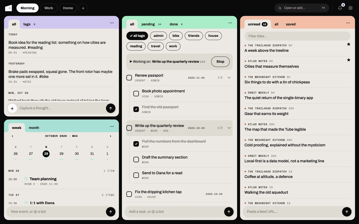 The web app's Morning space: Thoughts and Calendar stacked in one column, Todo and RSS beside them