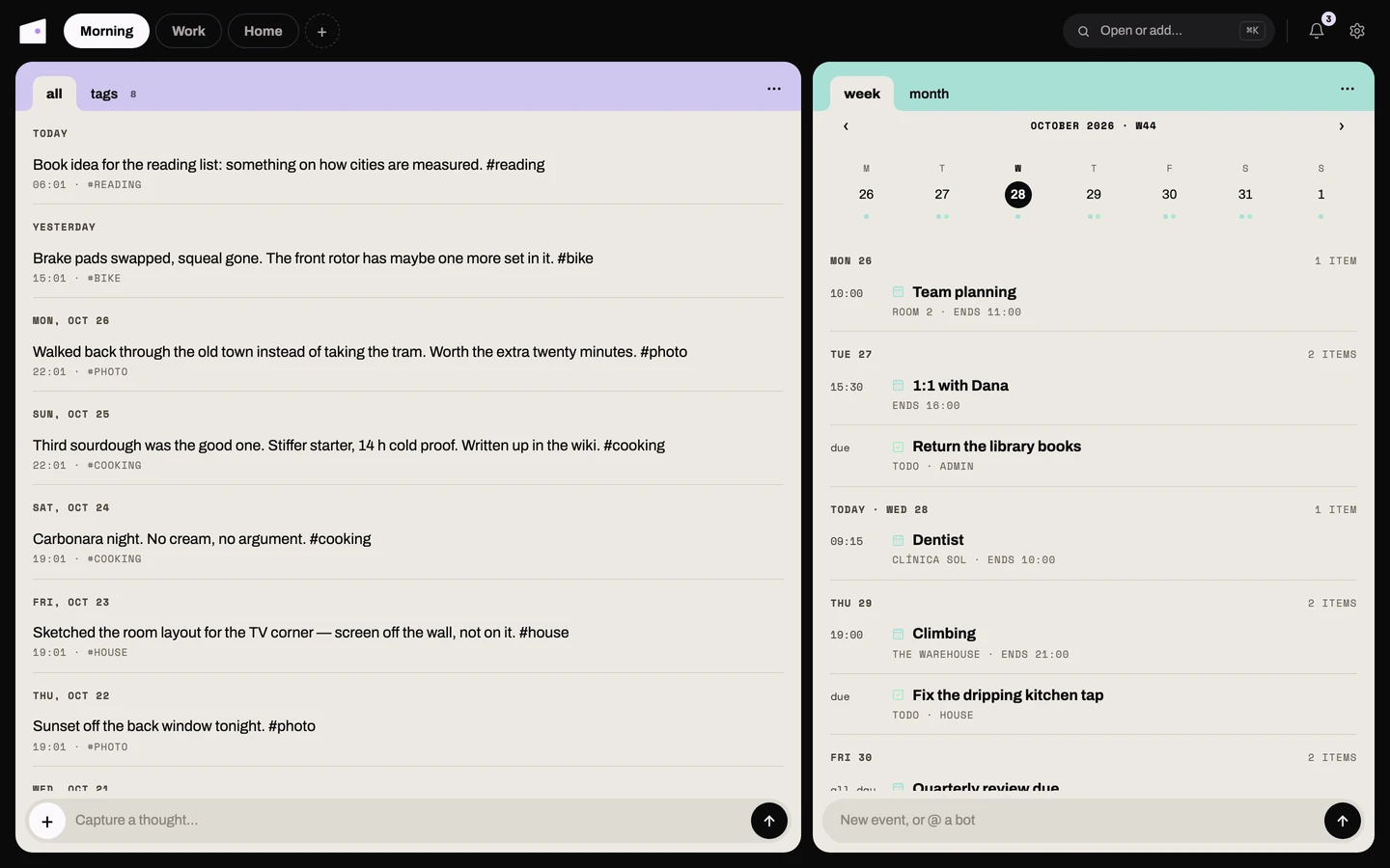 The Thoughts card: the feed grouped by day, each thought with its time and tags, beside Calendar