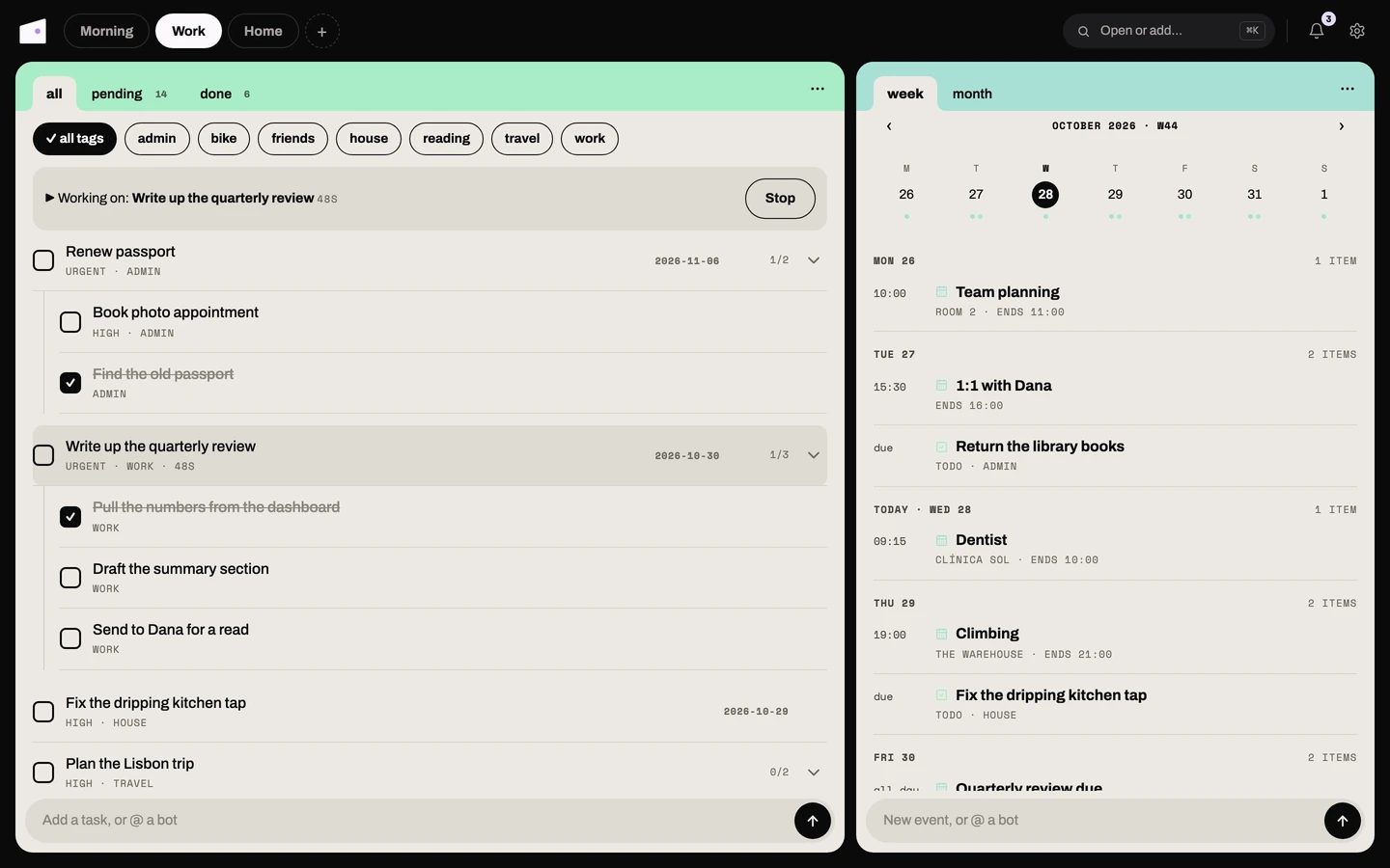 The Todo card in the Work space, beside Calendar: tag filters, the running timer, subtasks and due dates