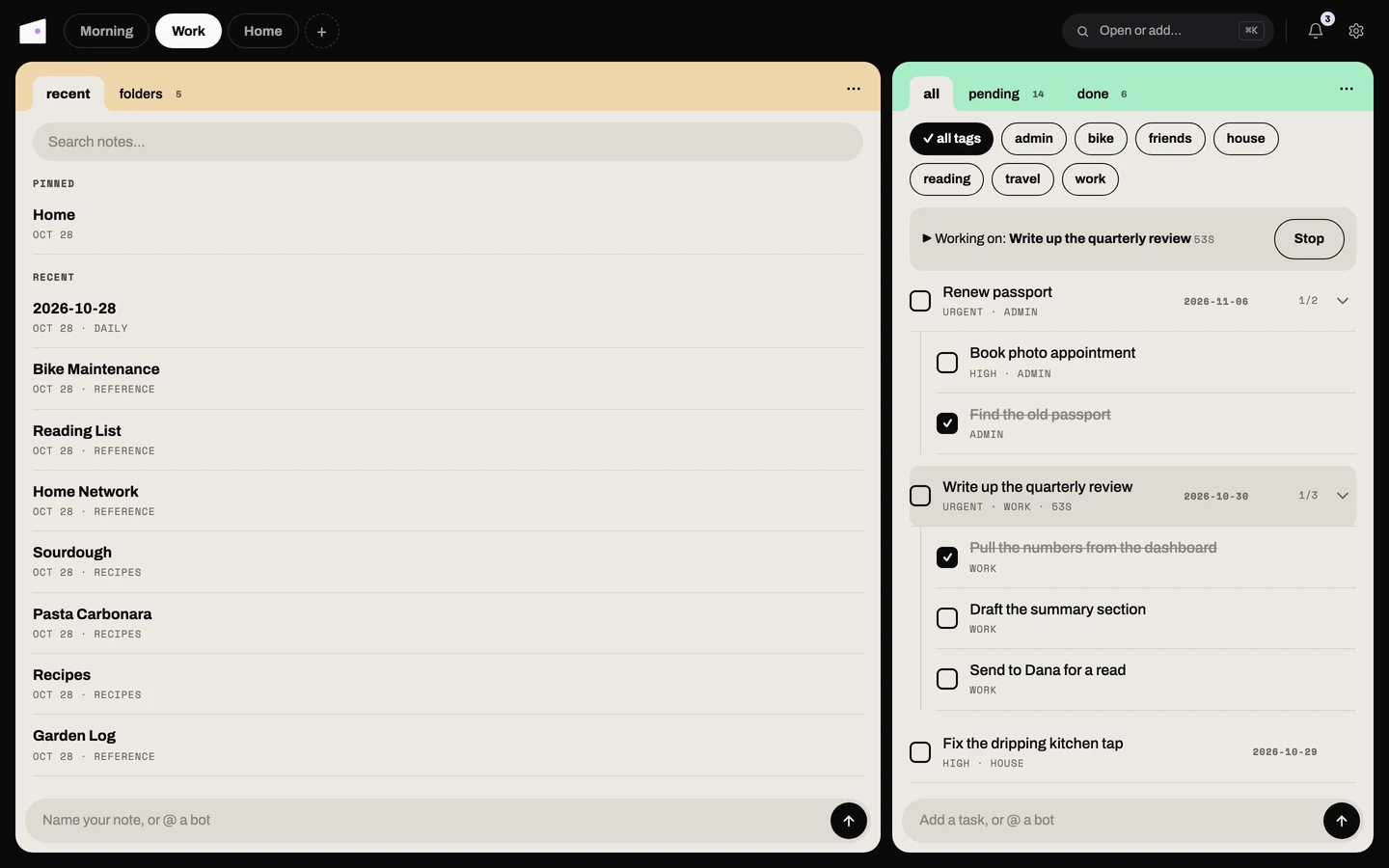 The Sourdough note open in a Wiki card, with its embedded photograph, beside a Todo card